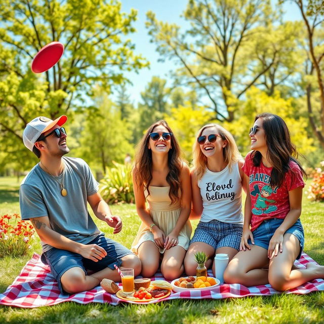 A vibrant, colorful scene depicting three friends sharing joyful moments together in a sunny park