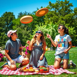 A vibrant, colorful scene depicting three friends sharing joyful moments together in a sunny park