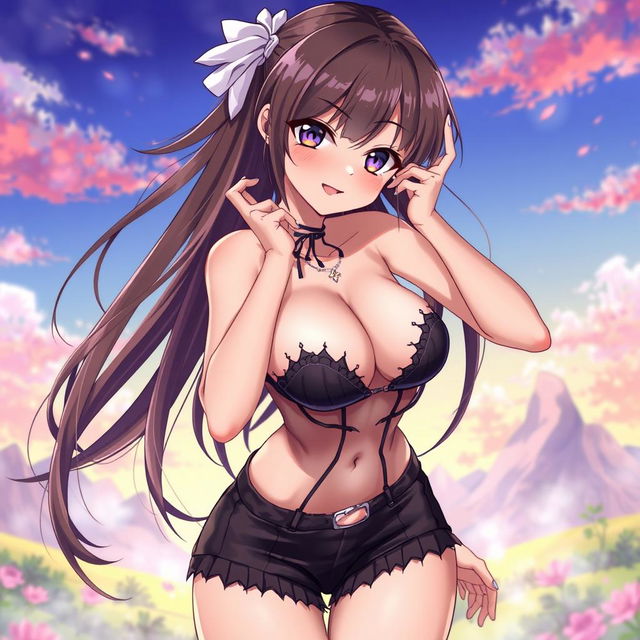 A sexy anime girl with captivating features, wearing revealing and seductive clothing, striking a playful pose