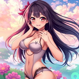 A sexy anime girl with captivating features, wearing revealing and seductive clothing, striking a playful pose
