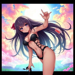 A sexy anime girl with captivating features, wearing revealing and seductive clothing, striking a playful pose