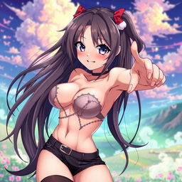 A sexy anime girl with captivating features, wearing revealing and seductive clothing, striking a playful pose