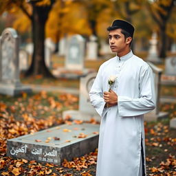 A young man stands by an open grave holding a white rose in a solemn and respectful manner