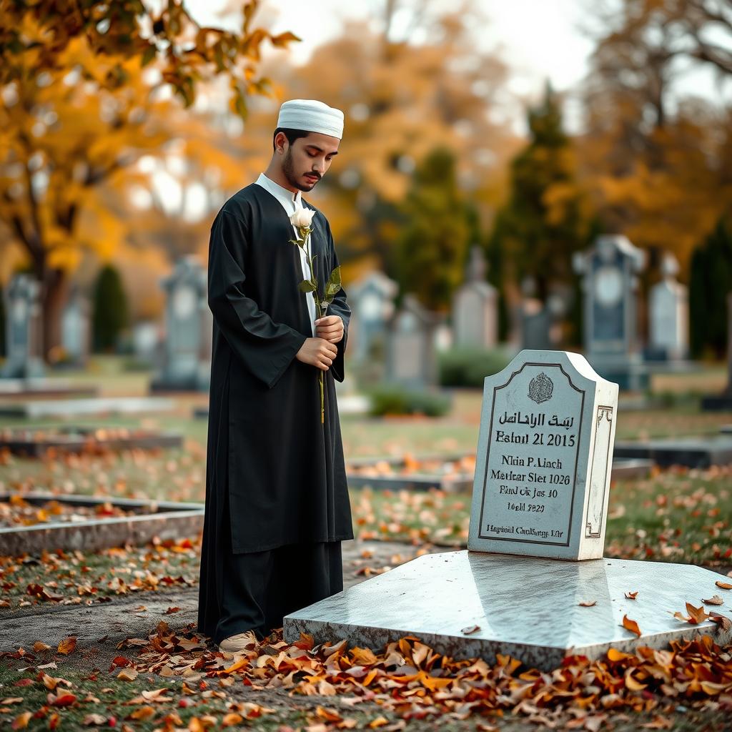 A young man stands by an open grave holding a white rose in a solemn and respectful manner