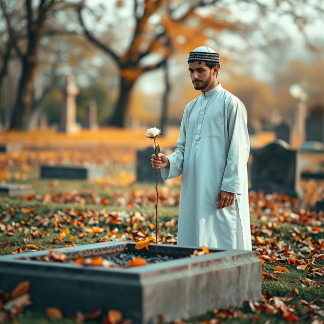 A young man stands by an open grave holding a white rose in a solemn and respectful manner