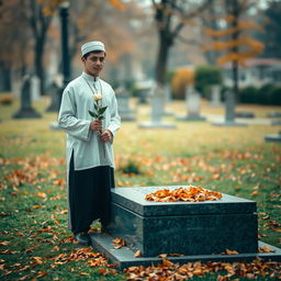 A young man stands by an open grave holding a white rose in a solemn and respectful manner