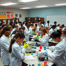 A bustling high school laboratory filled with students engaged in various scientific experiments