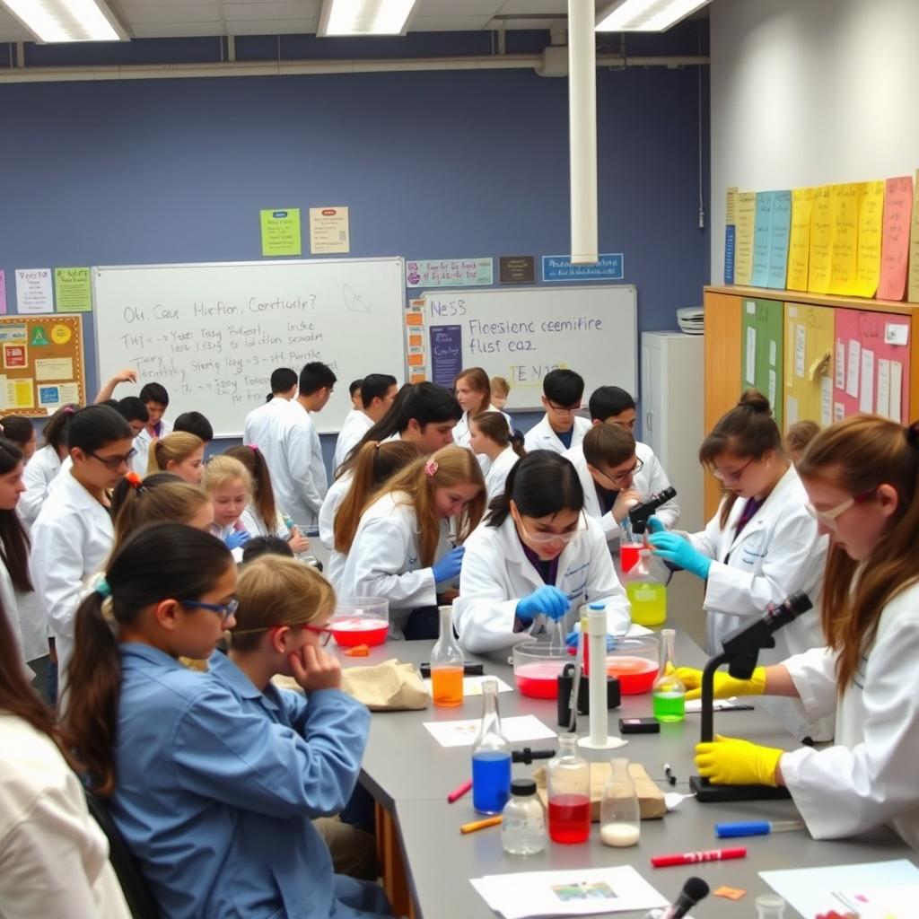 A bustling high school laboratory filled with students engaged in various scientific experiments