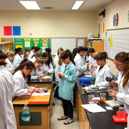 A bustling high school laboratory filled with students engaged in various scientific experiments
