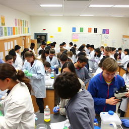 A bustling high school laboratory filled with students engaged in various scientific experiments