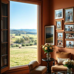 An elegantly furnished room with warm tones, featuring a large, vintage wood-framed window on the left, overlooking a serene garden