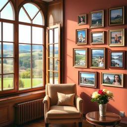 An elegantly furnished room with warm tones, featuring a large, vintage wood-framed window on the left, overlooking a serene garden