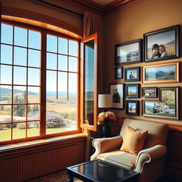 An elegantly furnished room with warm tones, featuring a large, vintage wood-framed window on the left, overlooking a serene garden