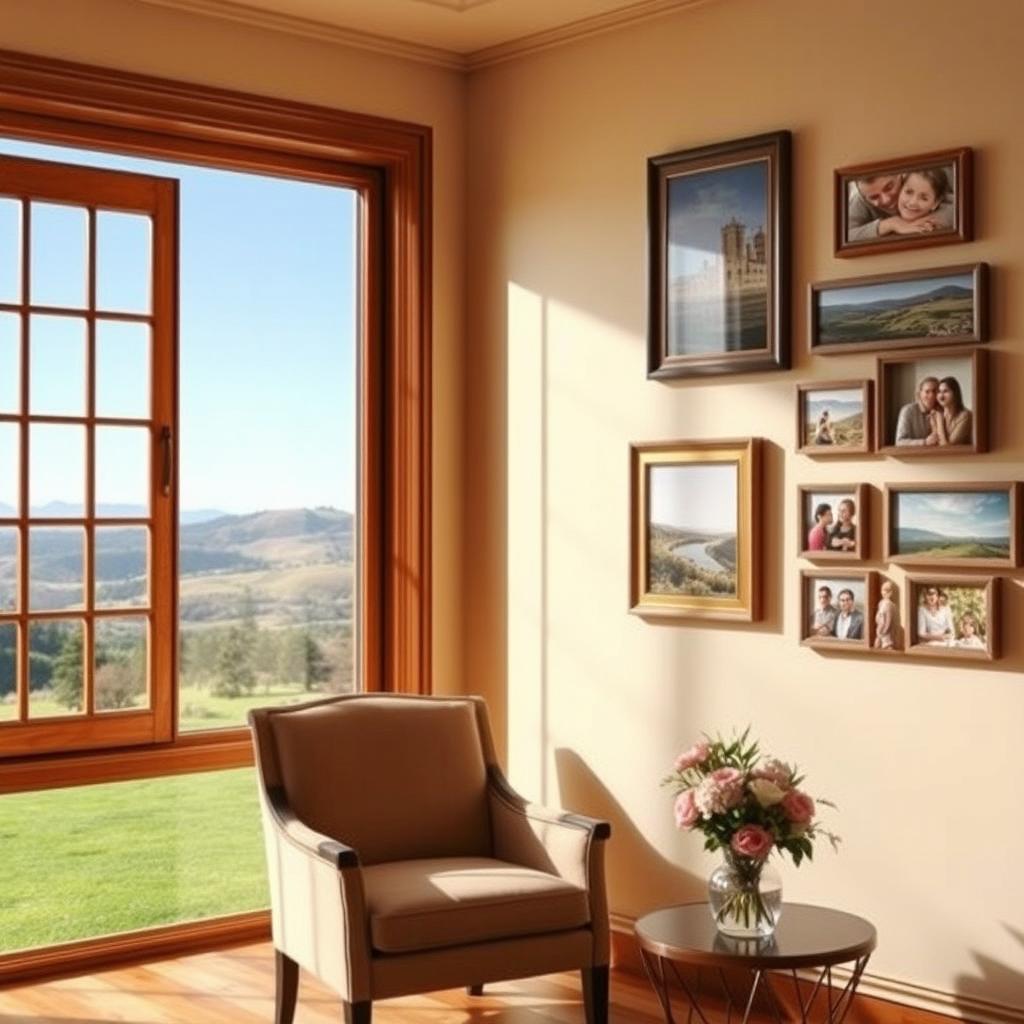 An elegantly furnished room with warm tones, featuring a large, vintage wood-framed window on the left, overlooking a serene garden