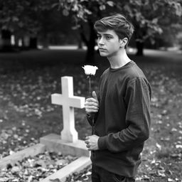 A young man holding a white rose, standing next to an open grave during the autumn season