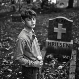 A young man holding a white rose, standing next to an open grave during the autumn season