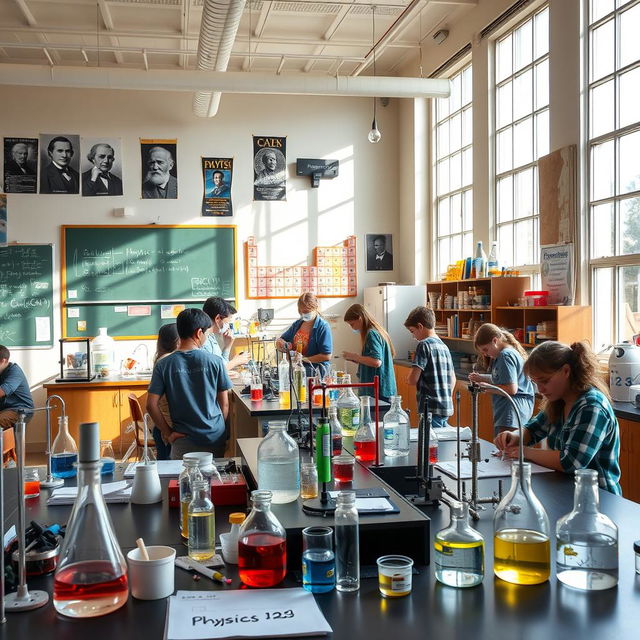 A vibrant high school physics laboratory filled with various scientific equipment