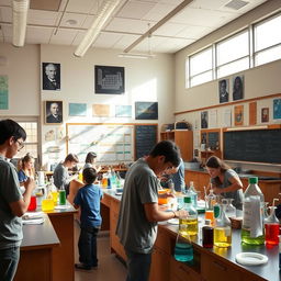A vibrant high school physics laboratory filled with various scientific equipment