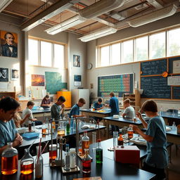 A vibrant high school physics laboratory filled with various scientific equipment