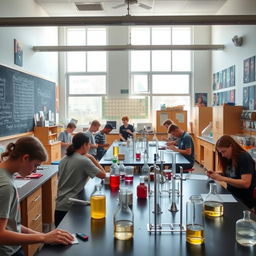 A vibrant high school physics laboratory filled with various scientific equipment