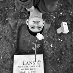 A young man with a white rose in his hand, standing beside an open grave during the spring season