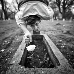 A young man with a white rose in his hand, standing beside an open grave during the spring season
