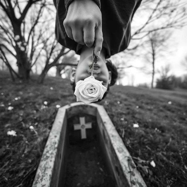 A young man with a white rose in his hand, standing beside an open grave during the spring season