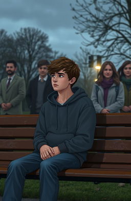 A scene depicting a teenage boy sitting on a park bench, looking contemplative and confused