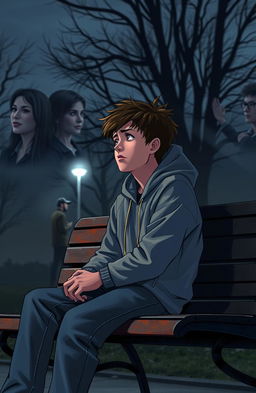 A scene depicting a teenage boy sitting on a park bench, looking contemplative and confused