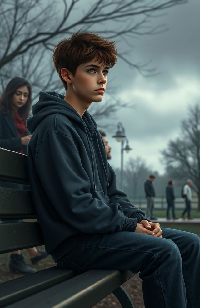 A scene depicting a teenage boy sitting on a park bench, looking contemplative and confused