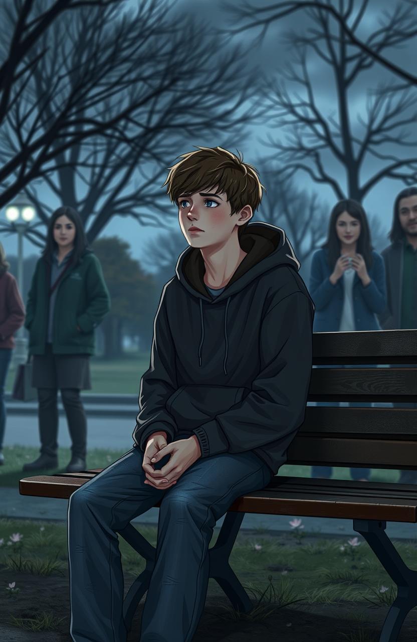 A scene depicting a teenage boy sitting on a park bench, looking contemplative and confused