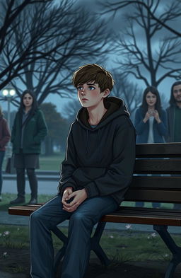 A scene depicting a teenage boy sitting on a park bench, looking contemplative and confused