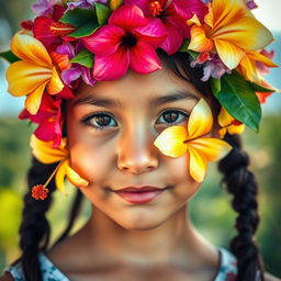 A close-up portrait of a girl with her face beautifully covered in an array of vibrant flowers native to the Andaman and Nicobar Islands, such as hibiscus, orchids, and bougainvillea