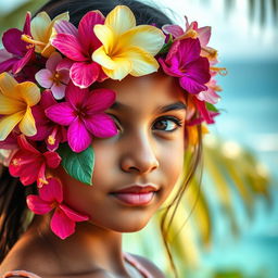 A close-up portrait of a girl with her face beautifully covered in an array of vibrant flowers native to the Andaman and Nicobar Islands, such as hibiscus, orchids, and bougainvillea