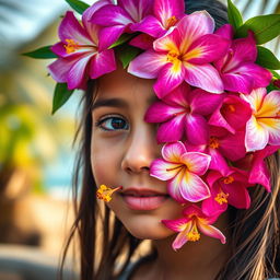 A close-up portrait of a girl with her face beautifully covered in an array of vibrant flowers native to the Andaman and Nicobar Islands, such as hibiscus, orchids, and bougainvillea