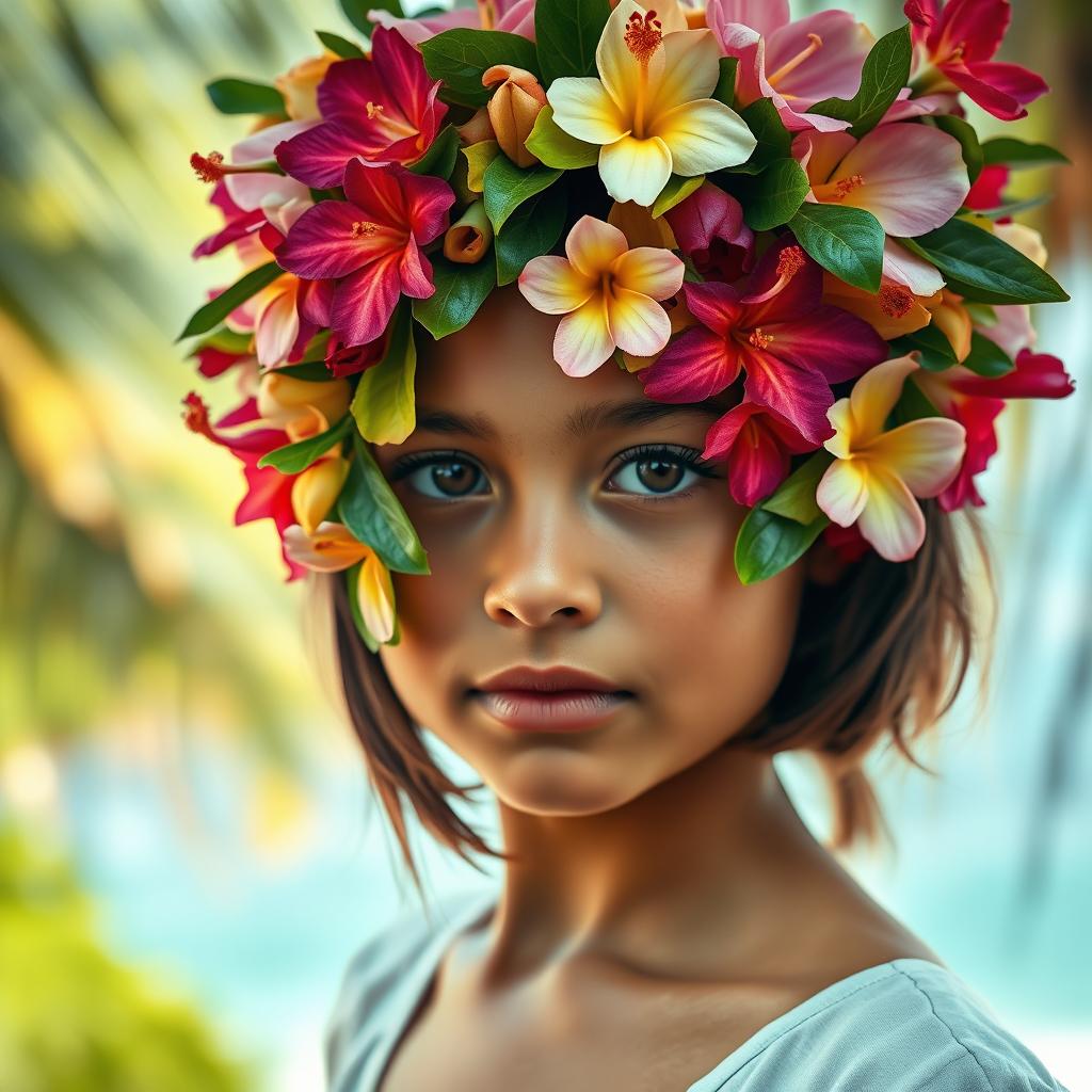 A close-up portrait of a girl with her face beautifully covered in an array of vibrant flowers native to the Andaman and Nicobar Islands, such as hibiscus, orchids, and bougainvillea