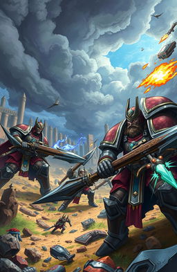 A dynamic and colorful scene featuring a futuristic battlefield inspired by Warhammer, depicted in an anime art style