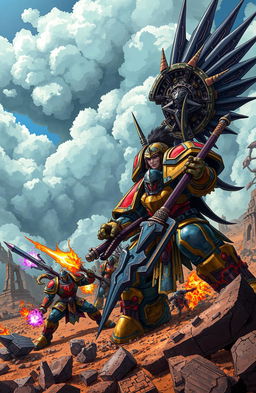 A dynamic and colorful scene featuring a futuristic battlefield inspired by Warhammer, depicted in an anime art style