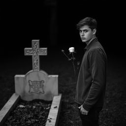 A young man standing beside an open grave holding a white rose