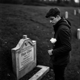 A young man standing beside an open grave holding a white rose