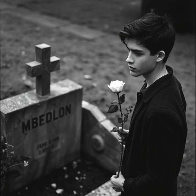 A young man standing beside an open grave holding a white rose