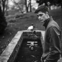 A young man standing beside an open grave holding a white rose