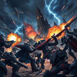 A vibrant anime-inspired scene set in the Warhammer universe, showcasing a chaotic battle between armored factions