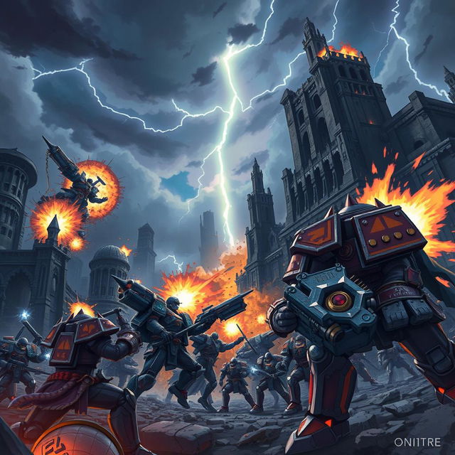 A vibrant anime-inspired scene set in the Warhammer universe, showcasing a chaotic battle between armored factions