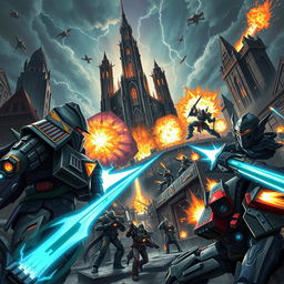 A vibrant anime-inspired scene set in the Warhammer universe, showcasing a chaotic battle between armored factions