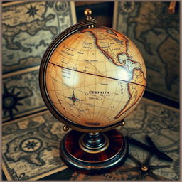 A beautifully detailed antique globe resting on an elegant wooden stand, showcasing its vintage charm and historical significance