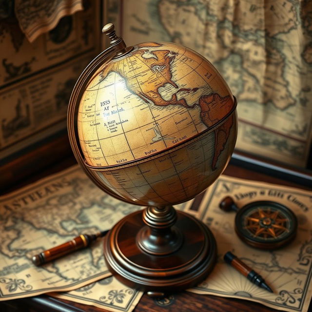 A beautifully detailed antique globe resting on an elegant wooden stand, showcasing its vintage charm and historical significance