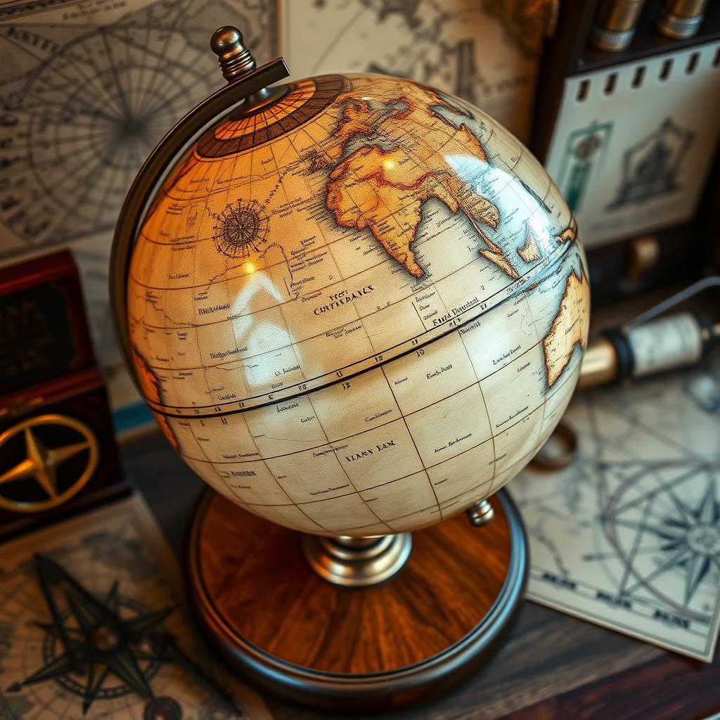 A beautifully detailed antique globe resting on an elegant wooden stand, showcasing its vintage charm and historical significance