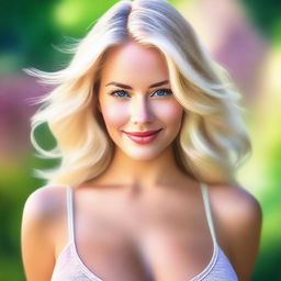 This is a high-quality digital art image of a naturally beautiful, busty blonde woman