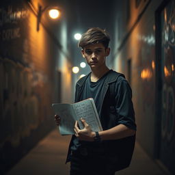 An emotional scene depicting the untold story of a teenager, showing a young person standing alone in a dimly lit urban alleyway, wearing stylish yet casual clothing, holding a notebook filled with sketches and writings